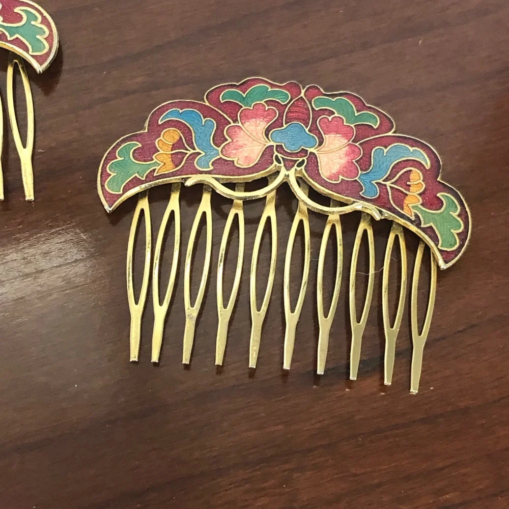 Vintage Butterfly Cloisonné Hair Combs